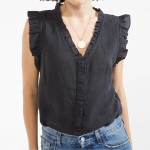 NWT OUTERKNOWN Lennox Top in Black Sz S 100% Linen Ruffle Detail Sleeveless